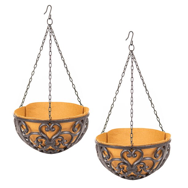 Sungmor 2 Pzas 11" de Diámetro. Grandes Cestas Colgantes de Hierro Fundido con Forro de Tela, Macetas Colgantes Rústicas Marrones de Alta Resistencia para Exteriores, Jardines, Terrazas, Patios, Porc
