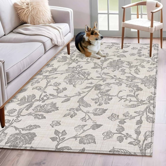 Farmhouse Flower Area Rug 3x5 Washable Rug Non Slip Botanical Vintage Grey Leaf Plant Large Area Rug Indoor Floor Carpet for Entryway Bedroom Kitchen Living Room Home Office Dining Room Nursery