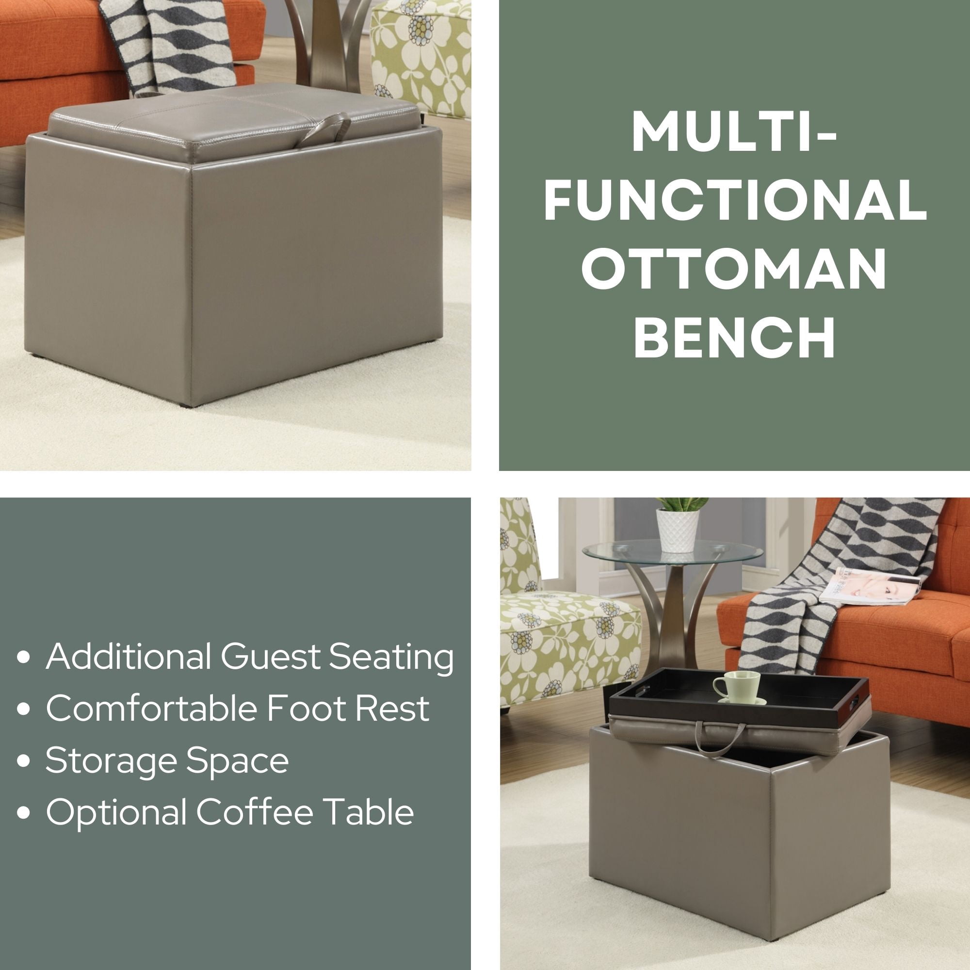 Convenience Concepts Designs4Comfort Accent Storage Ottoman in Gray Faux Leather