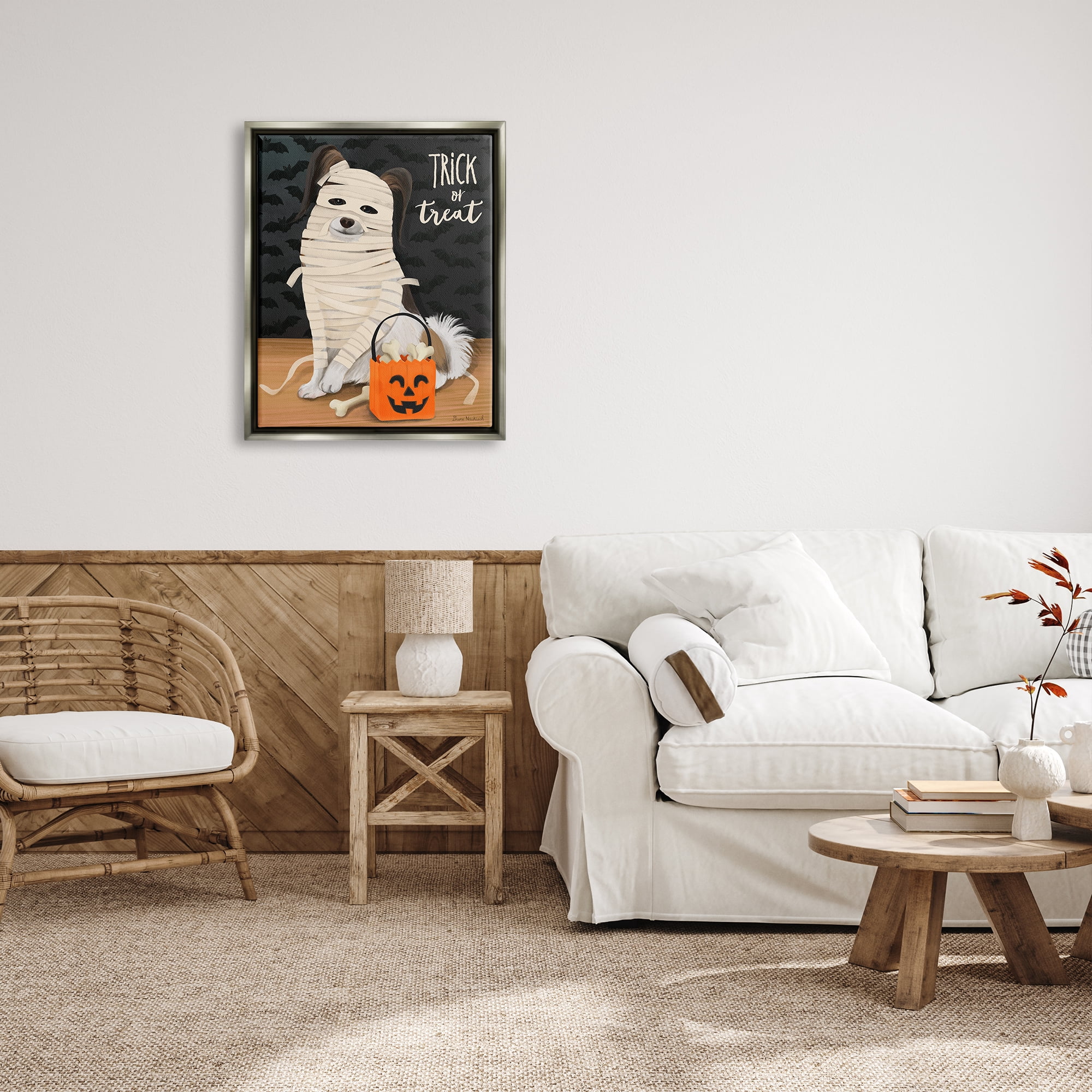 Stupell Industries Dog Wearing Mummy Costume Trick or Treat Halloween Graphic Art Luster Gray Floating Framed Canvas Print Wall Art, Design by Diane Neukirch