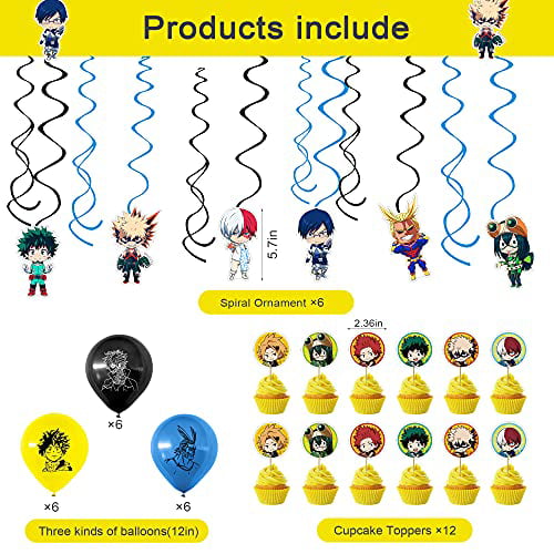 My Hero Academia Party Supplies Includes 12Pcs My Hero Academia Balloons,1Pcs Banner,1Pcs Cake Toppers,12Pcs Cupcake Toppers for Kids Birthday Party Favor Decorations 