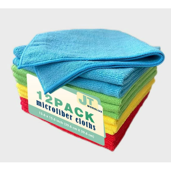 12 pack 16'x16' Microfiber Cleaning Cloths - Multi-Purpose, Machine Washable, Absorbent Towels for Kitchen, Car, Home Appliances