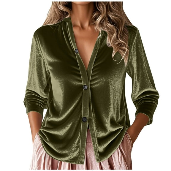 Velvet Button up Tops Women Winter Soft Long Sleeve Button Down Shirts Elegant Dressy Casual Blouse