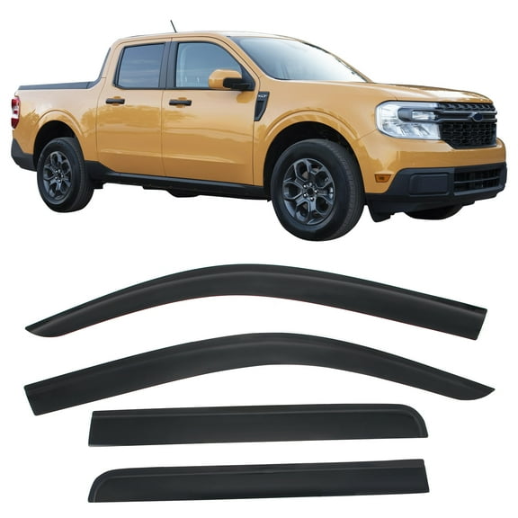 Ikon Motorsports Tape-On Window Visors Vent Rain Sun Guards Deflectors For 2022-2025 Ford Maverick, Low Profile Style Acrylic Smoke/Tinted 4PCS
