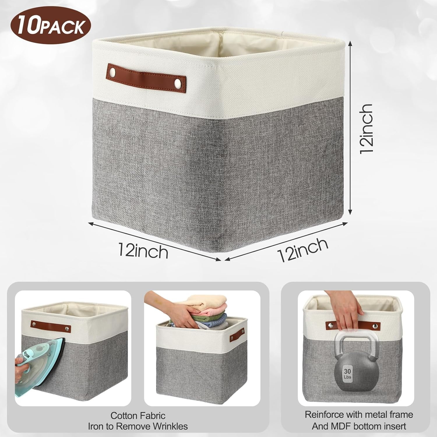 10 Pcs Collapsible Storage Bins Fabric Storage Basket with Handles Cloth Organizer Linen Shelf Baskets for Shelves Home Closet Nursery Toys(12 x 12 x 12 Inch,Gray and White)