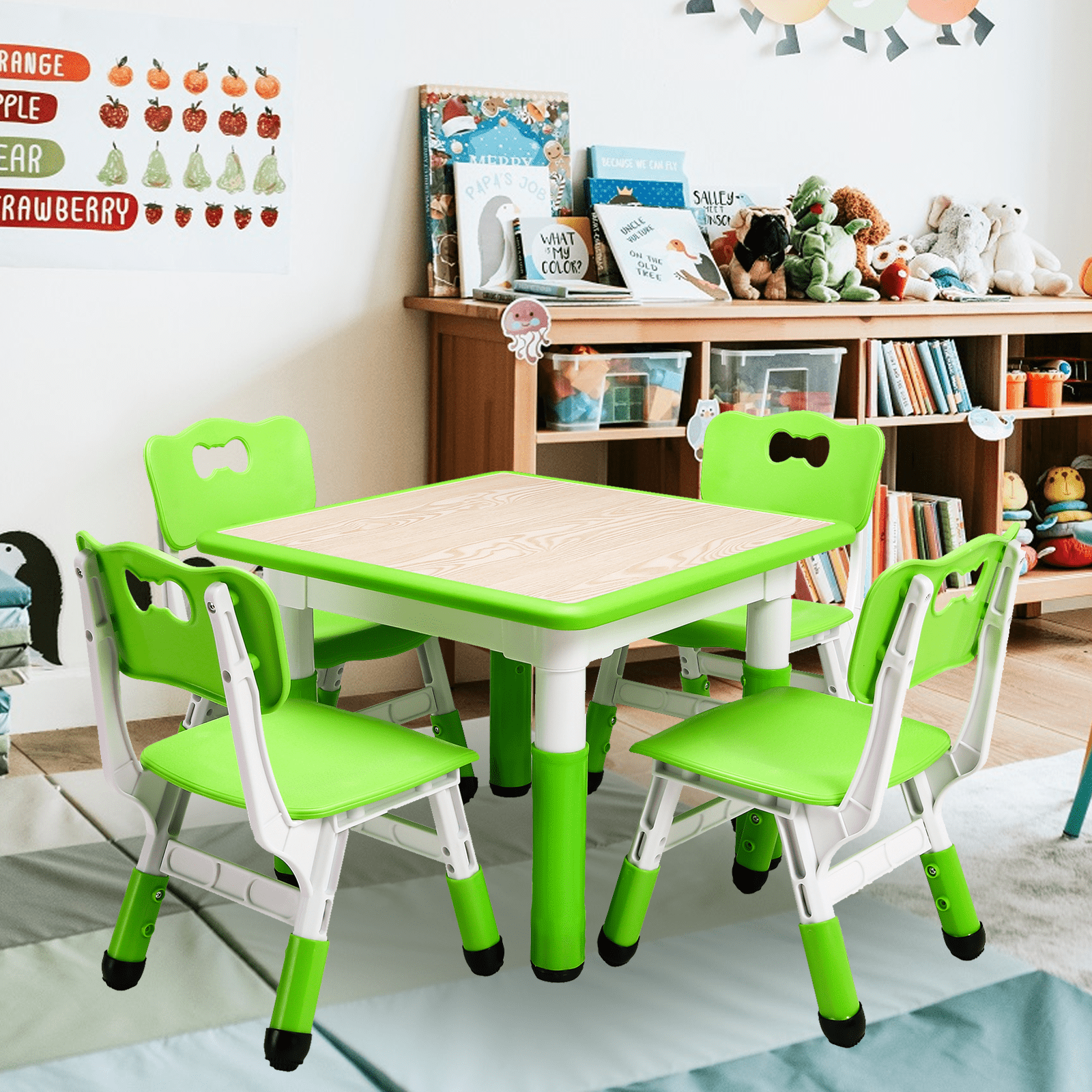 LIZHOUMIL Kids Table&Chairs Set Adjustable Height, 5-Piece Plastic Activity Table w/ Wipeable Desktop for Ages 2-10