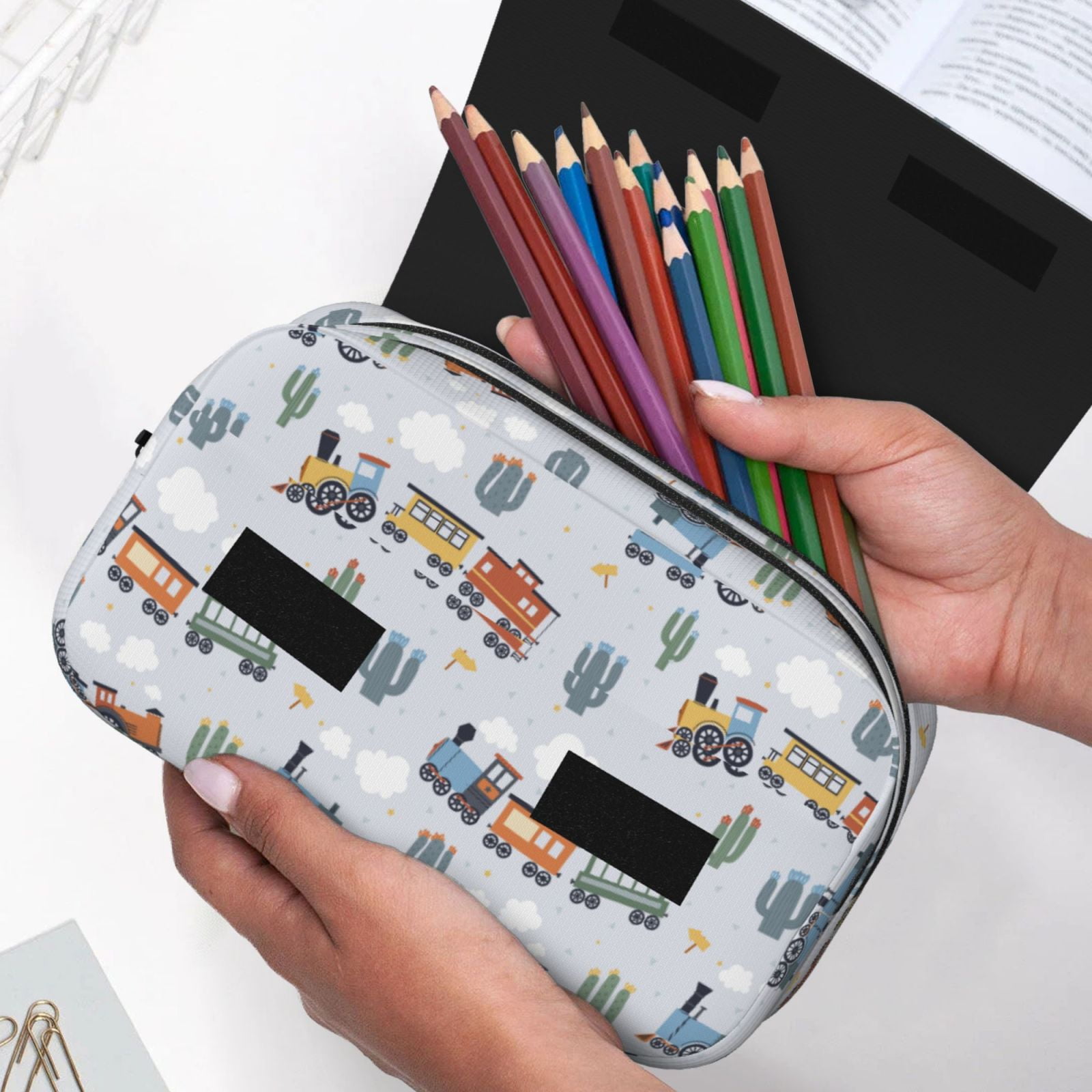 Rateoe Trains And Cactuse Pattern Double Clamshell Pen Case, Storage Organizer with Two Zipper Compartments– Holds Up to 50 Pencils & Pens