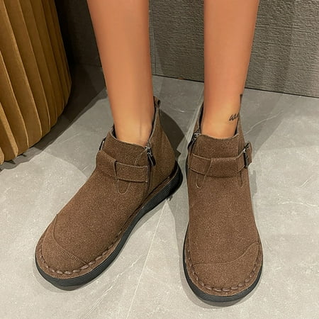 

ERTUTUYI Ladies Fashion Solid Color Suede Round Toe Belt Buckle Side Zipper Flat Short Boots Brown 37