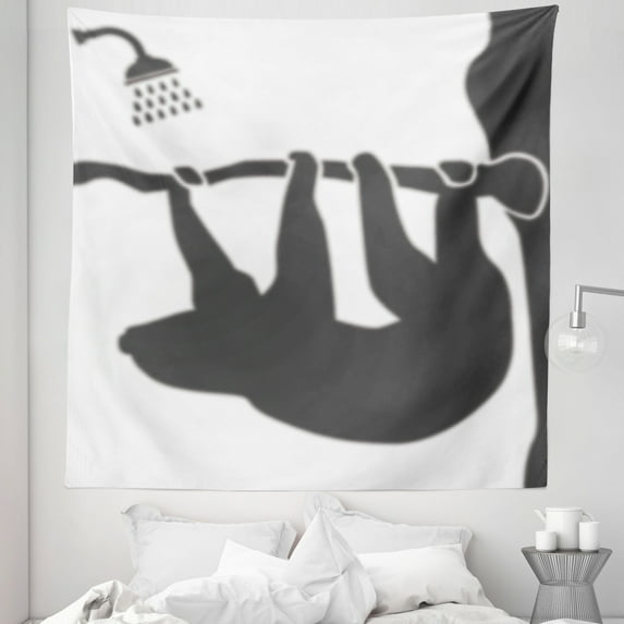 Sloth Tapestry, Animal Silhouette Hanging from Showering Funny Forest Life Art, Fabric Wall Hanging Decor for Bedroom Living Room Dorm, 5 Sizes, Charcoal Grey White, by Ambesonne