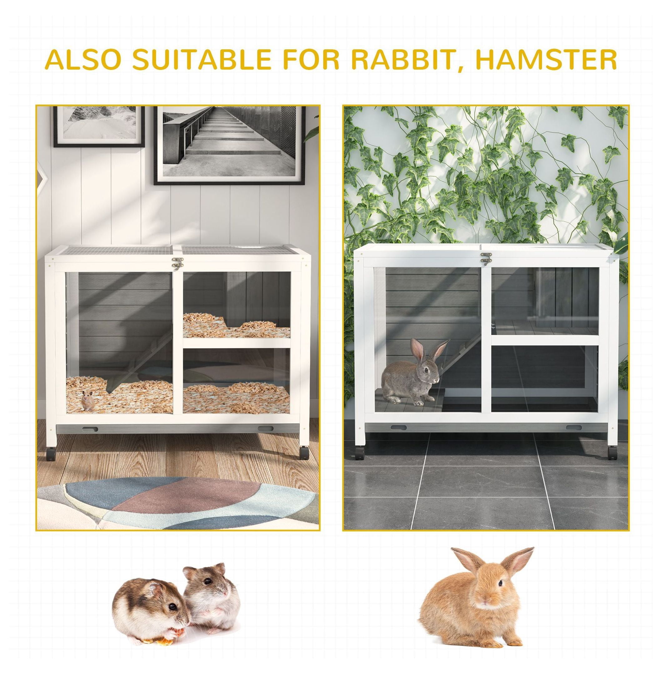 2-Story Bunny Hutch Indoor, Wooden Guinea Pig Cage with Wheels & Lockable Doors - Gray Rabbit Habitat for Small Pets