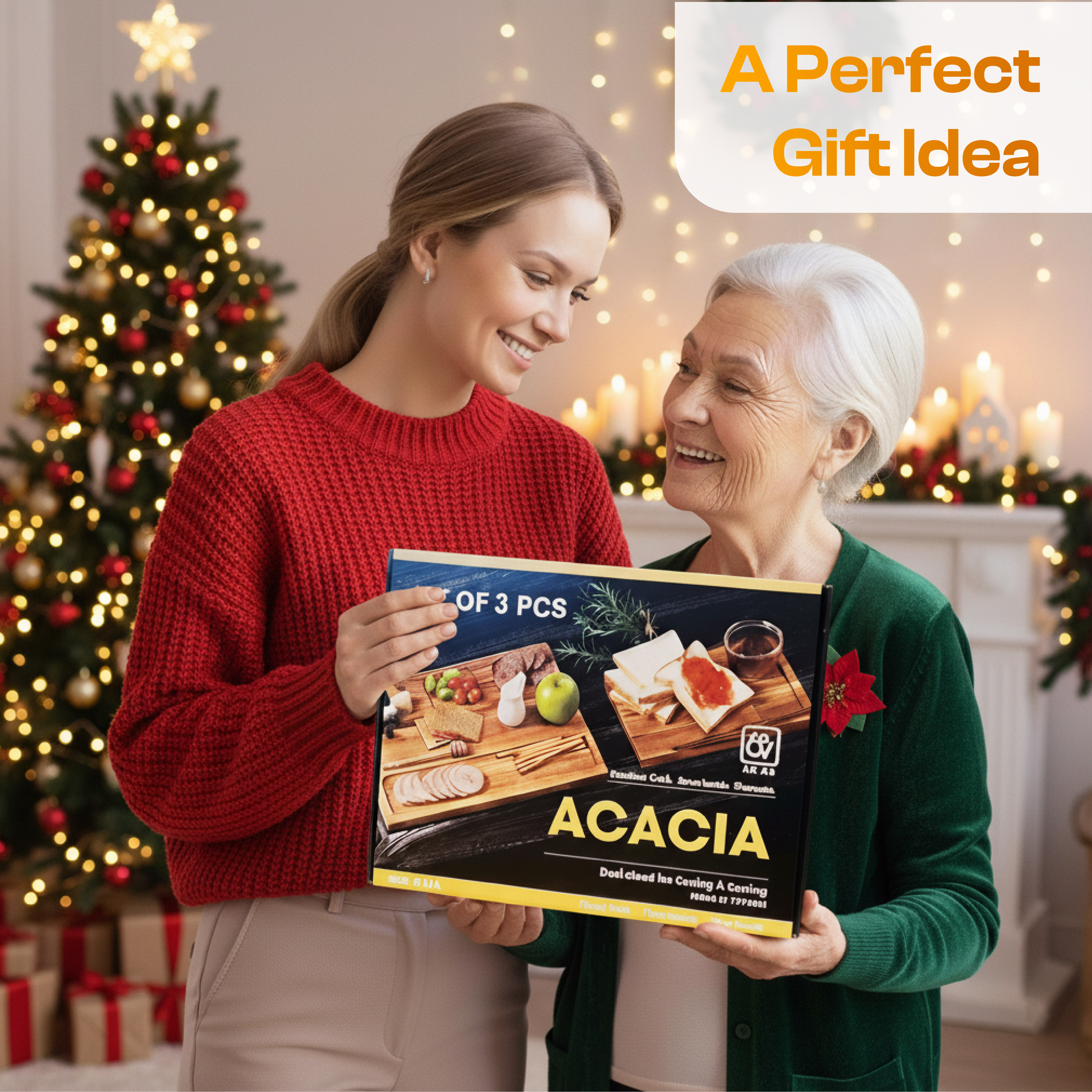 AN68 Acacia Wood Cutting Board Set of 3 – Reversible 2-in-1 Butcher Blocks & Serving Trays, 100% Natural Hardwood with Juice Groove, Gift Box Ready