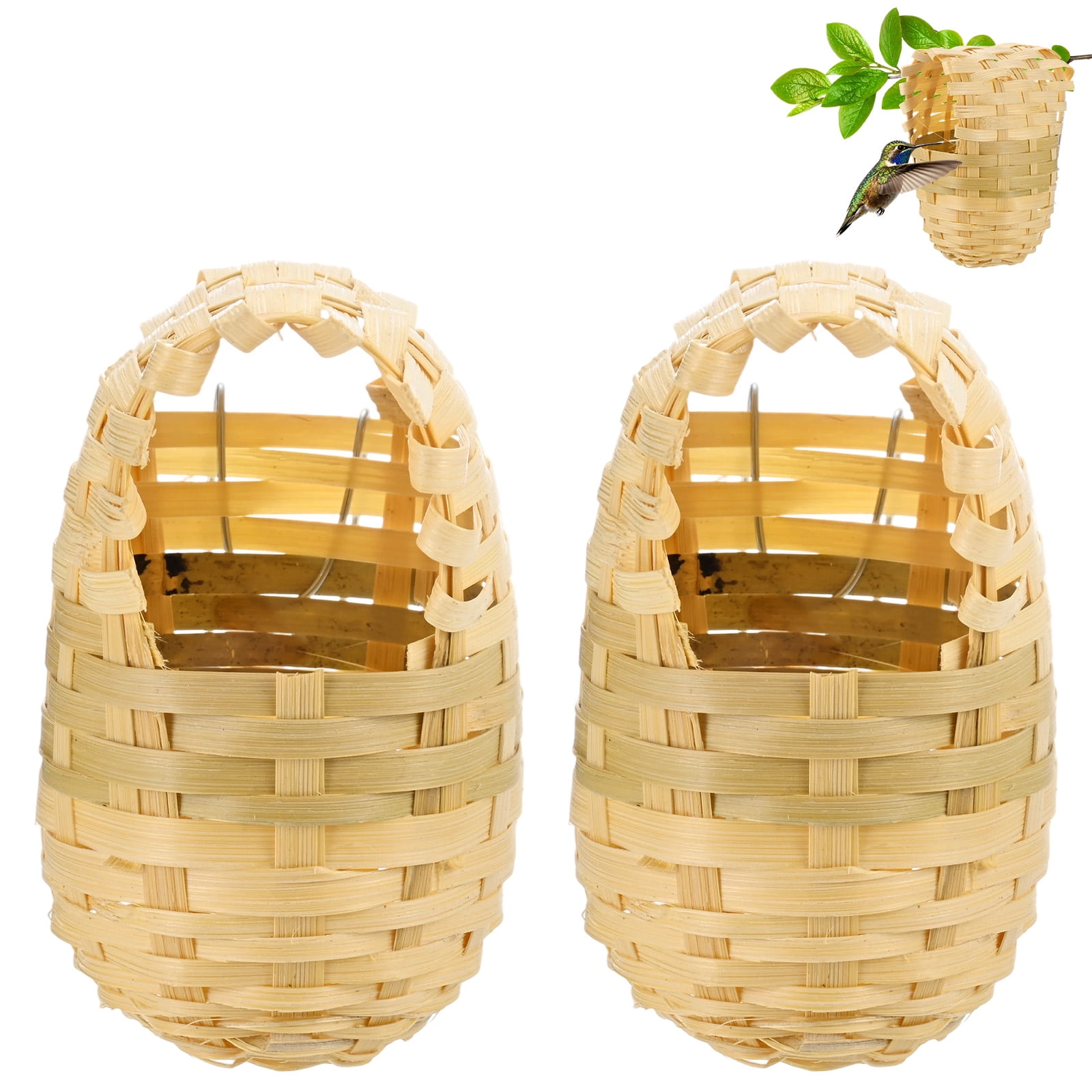 Uxcell 2-Pack Natural Bamboo Hanging Bird House, Finches Nest Hanging Cage with Metal Hook, for Garden, Patio Decor, 3.9x3.3x5.1in, Style 4