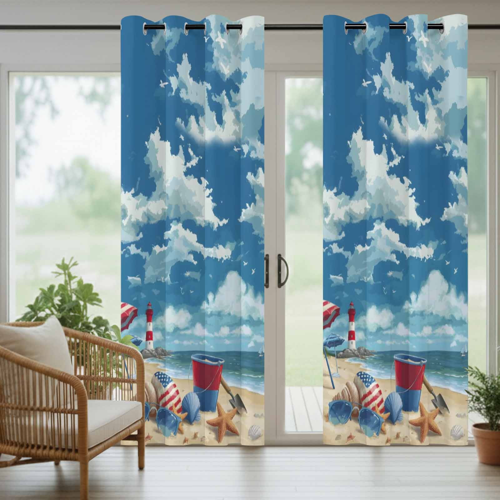 Summer Beach Outdoor Curtains for Patio, Ocean Blue Sky Shell Umbrella Sea Star Sunshade Privacy Drapes Grommet Waterproof Outside Curtains for Porch/Cabana/Balcony 54"x 108", 1 Panel
