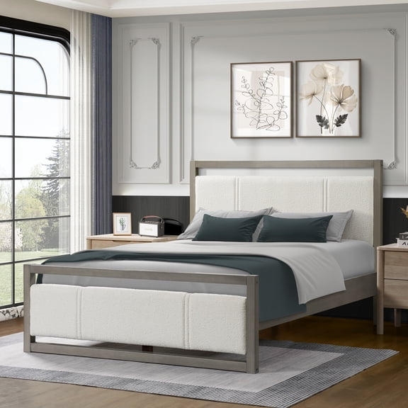 Miekor Furniture Queen Bed with Ivory Boucle Fabric Headboard, Wood Frame 15868