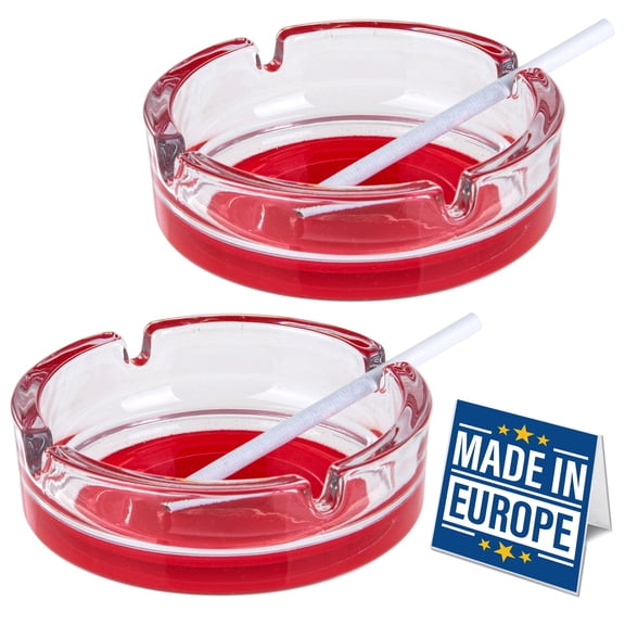 Crystalia Glass Ashtrays for Cigarettes & Cigars, Round Red-Based Crystal Ash Holder, Set of 2