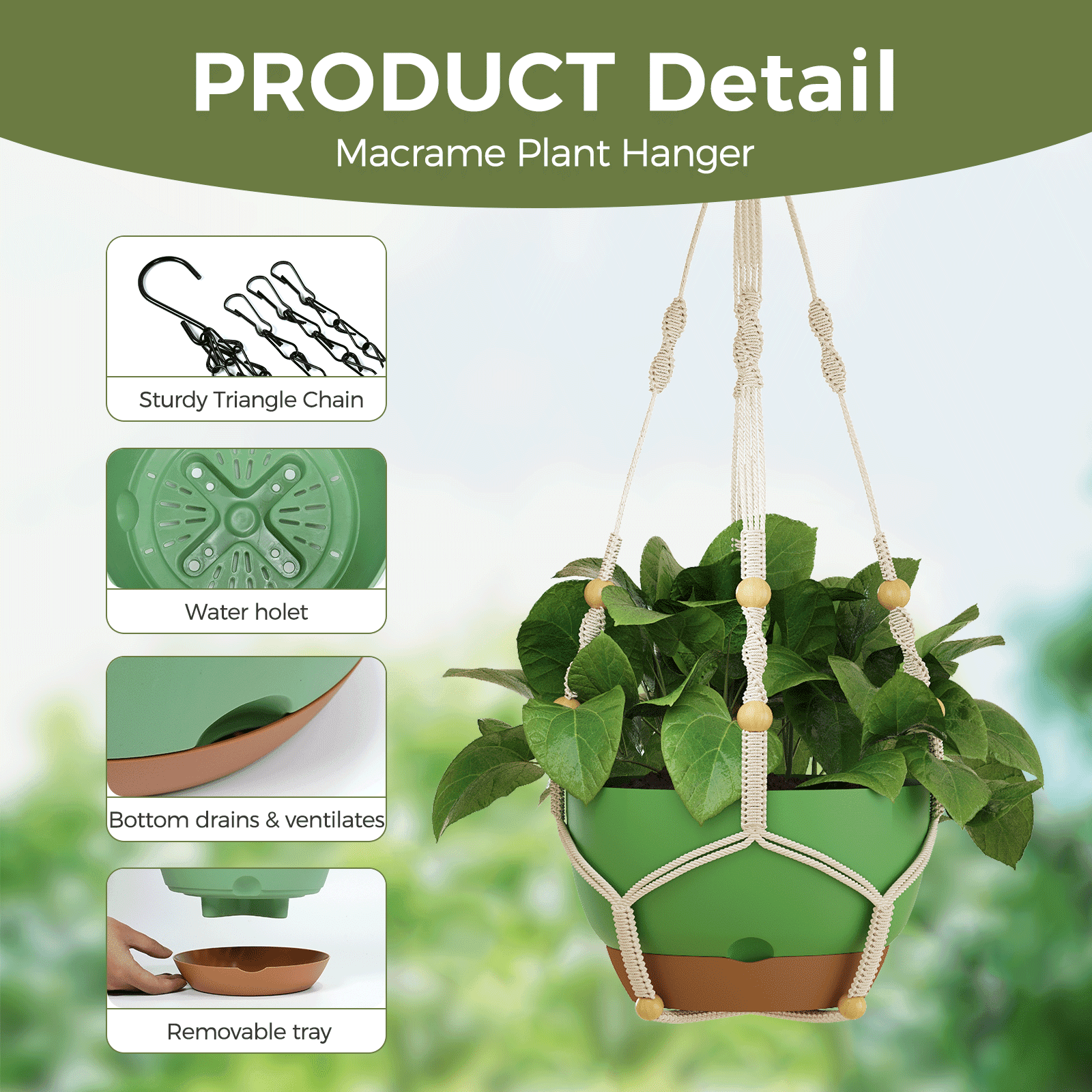 10 inch Plant Pot Hanging Planters Self Watering Pots for Indoor Plants, 3 Pack Plastic Hanging Basket with Removable Tray for Home Garden Porch Balcony Patio Decor,green
