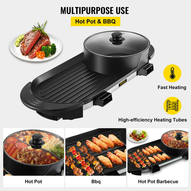 VEVOR 2 in 1 Electric Hot Pot and Grill, 2200W Separate Dual Temperature  Control Electric Skillet, 5 Speed for Indoor Korean BBQ,Black 