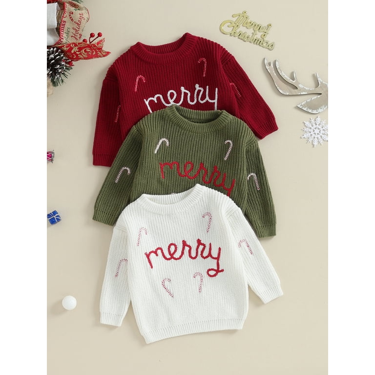 Baby Christmas Sweaters Cute Long Sleeve Candy Cane Embroidery Knit Pullover Infant Tops