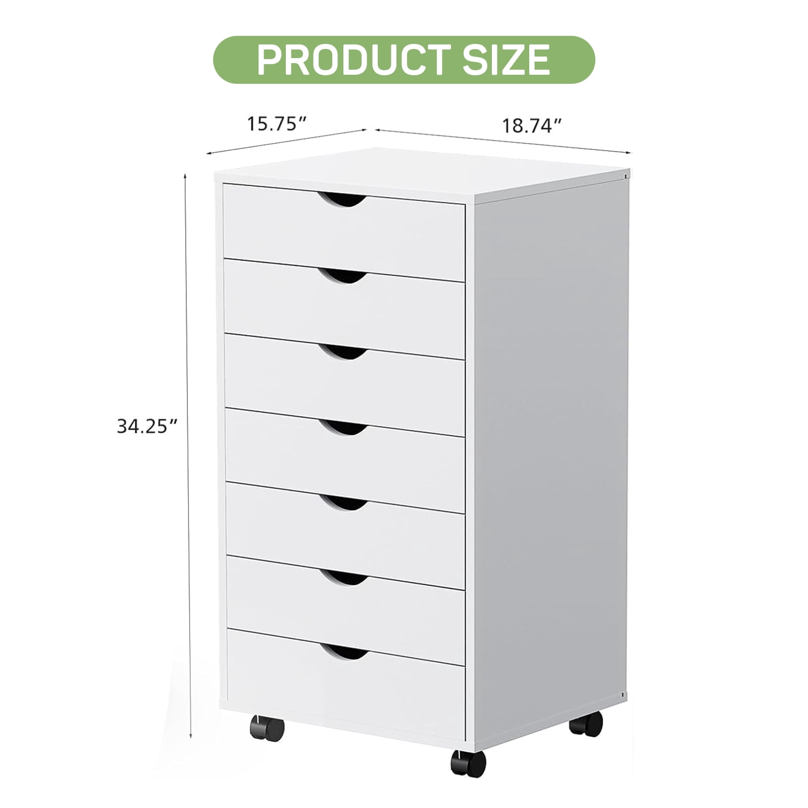 7-Drawer Wood File Cabinet with Wheels, Rolling Storage Organizer for Home Office, 18.74"W x 15.75"D x 34.25"H