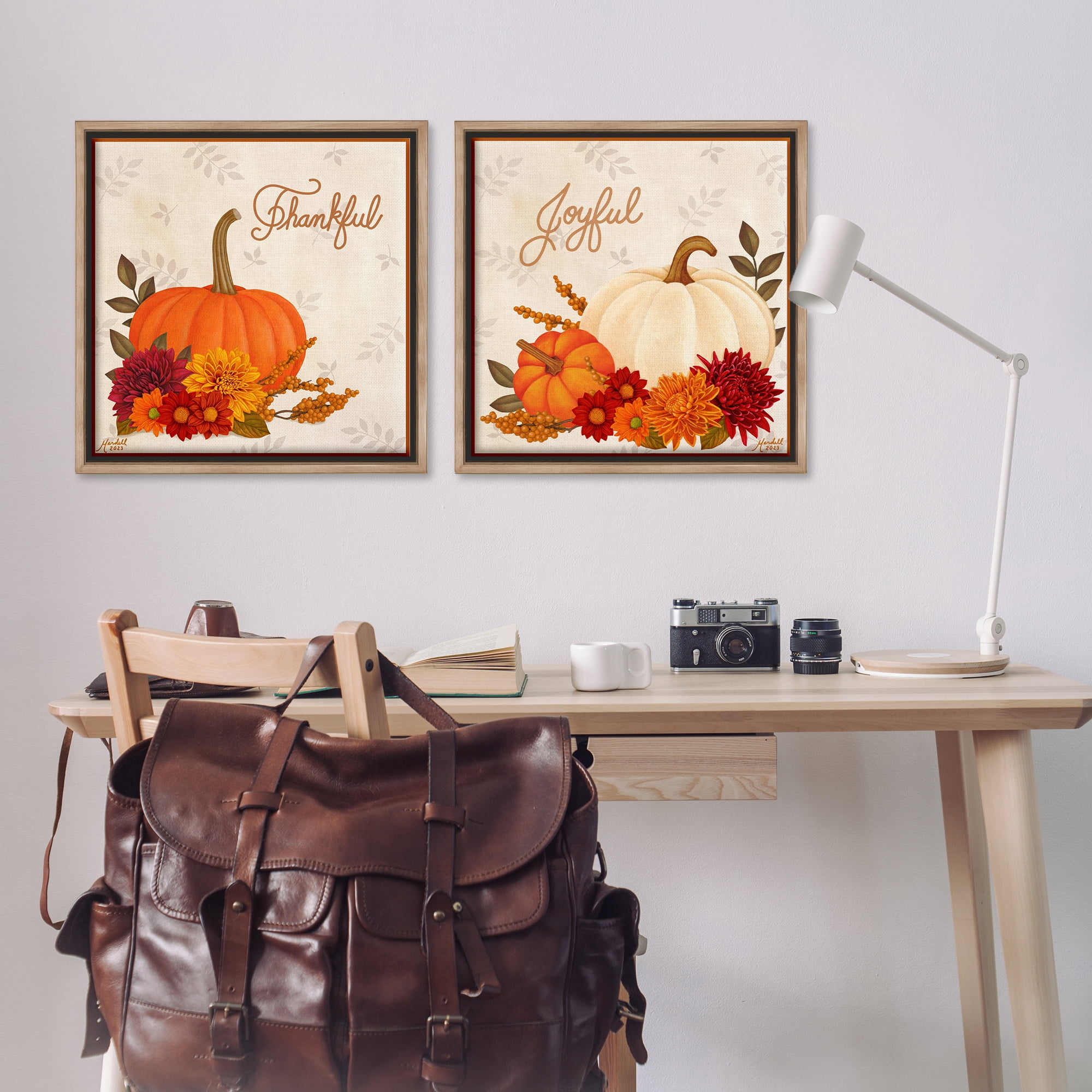 Stupell Industries Joyful Thankful Sentiment Pumpkin Holiday Painting Brown Floater Framed Canvas Art Prints Wall Art, 25 x 25, Set of 2