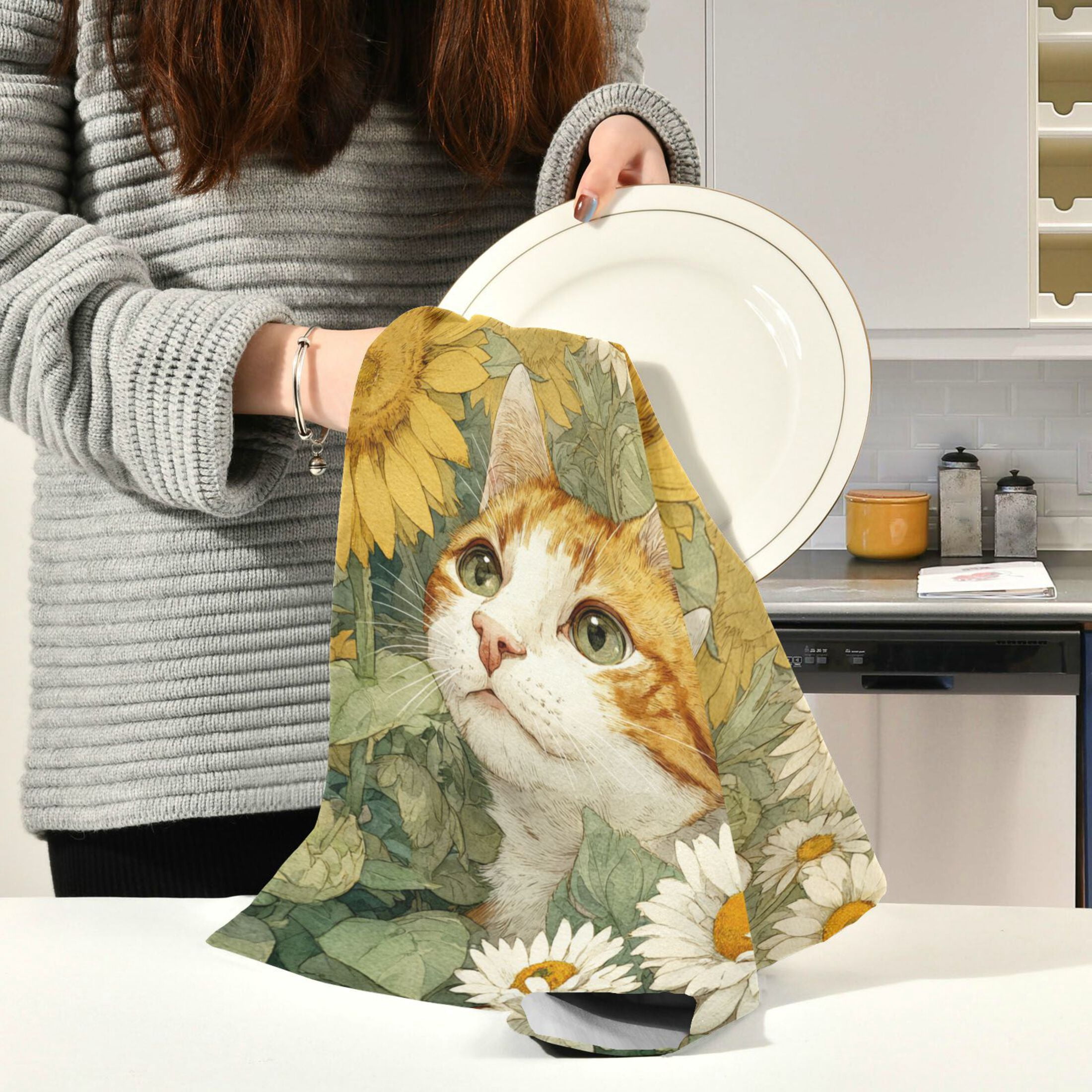 Qxltty Cute Orange Cat Kitchen Towels 28 x 18 Inch Set of 6 Soft Cotton Linen Feel Dish Towels with Hanging Loop for Drying, Cleaning & Decor