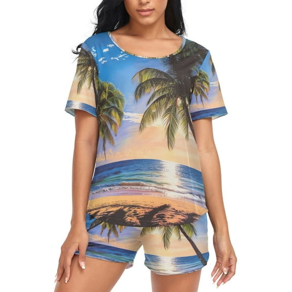 joogoo Women's Pajama Set Palm Tree Beach with Sunset Short Sleepwear Loungewear with Pockets M