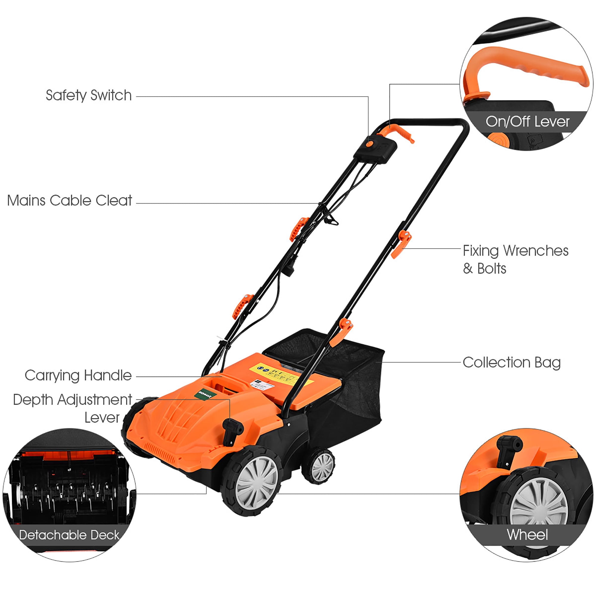 Costway 12Amp Corded Scarifier 13" Electric Lawn Dethatcher with 40L/11-Gal Collection Bag Orange
