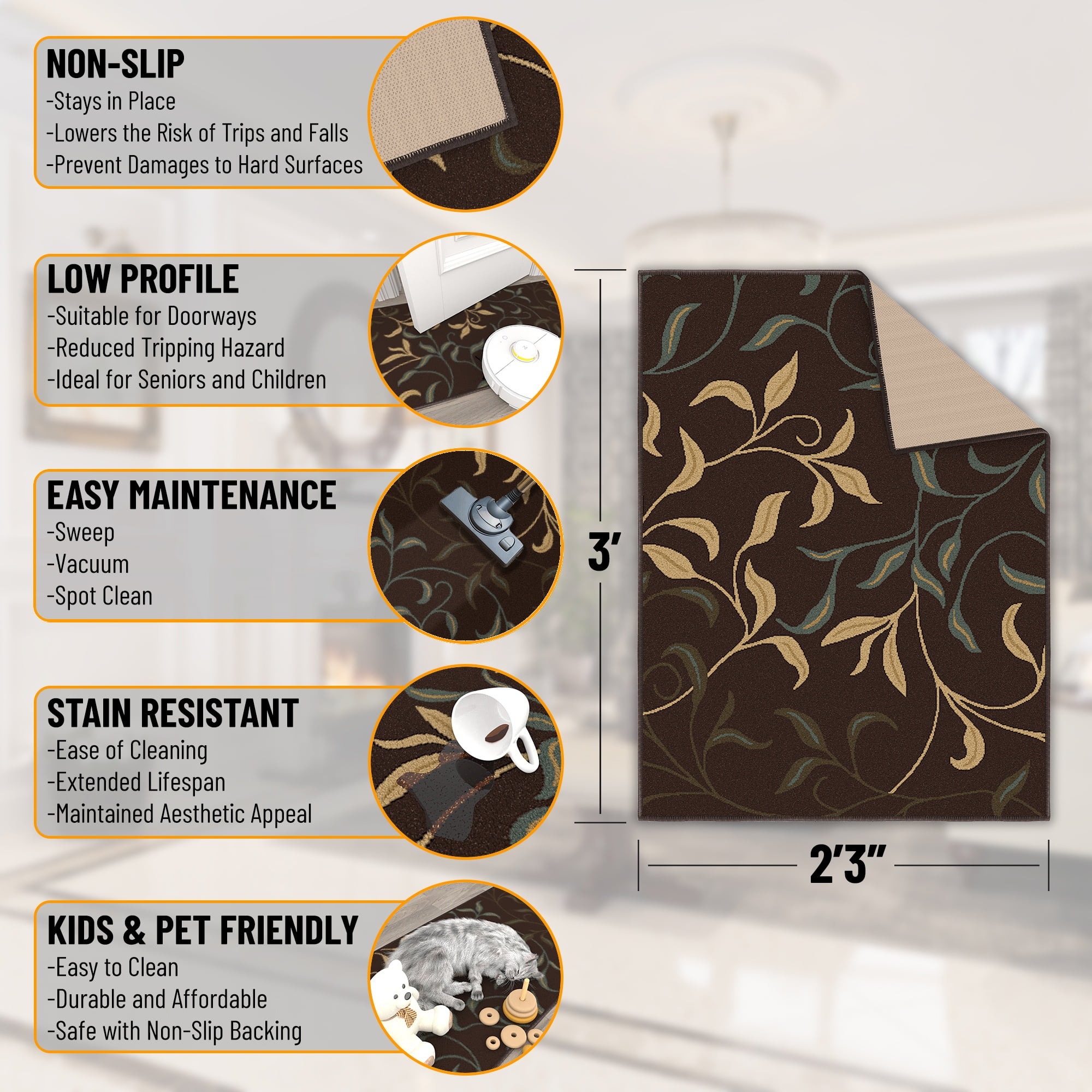 Ottomanson Leaf Indoor Doormat 2'3" x 3' - Non Slip Low Pile Area Rug for Entryway, Brown