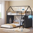 thumbnail image 3 of Twin over Twin Size Bunk Bed Frame with LED Lights, House Shaped Low Bunk Beds with 6 Storage Drawers and 3 Open Bins, Metal Floor Twin Bunk Bed with Safety Guardrail & Ladder, Black, 3 of 9