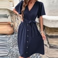 thumbnail image 5 of Bigersell Womens Summer Midi Dress Wrap V-Neck Short Sleeve Casual Loose Button-Down Dress with Belt Pleated A-Line Cocktail Party Swing Sundress Business Dresses, Blue XL, 5 of 5