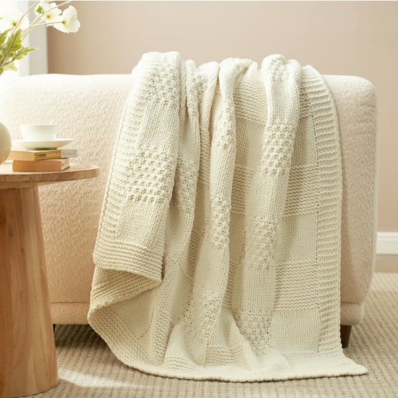 Chenille Checkered Throw Blanket Reversible Bedding Knit Blanket,50" X 60",Ivory