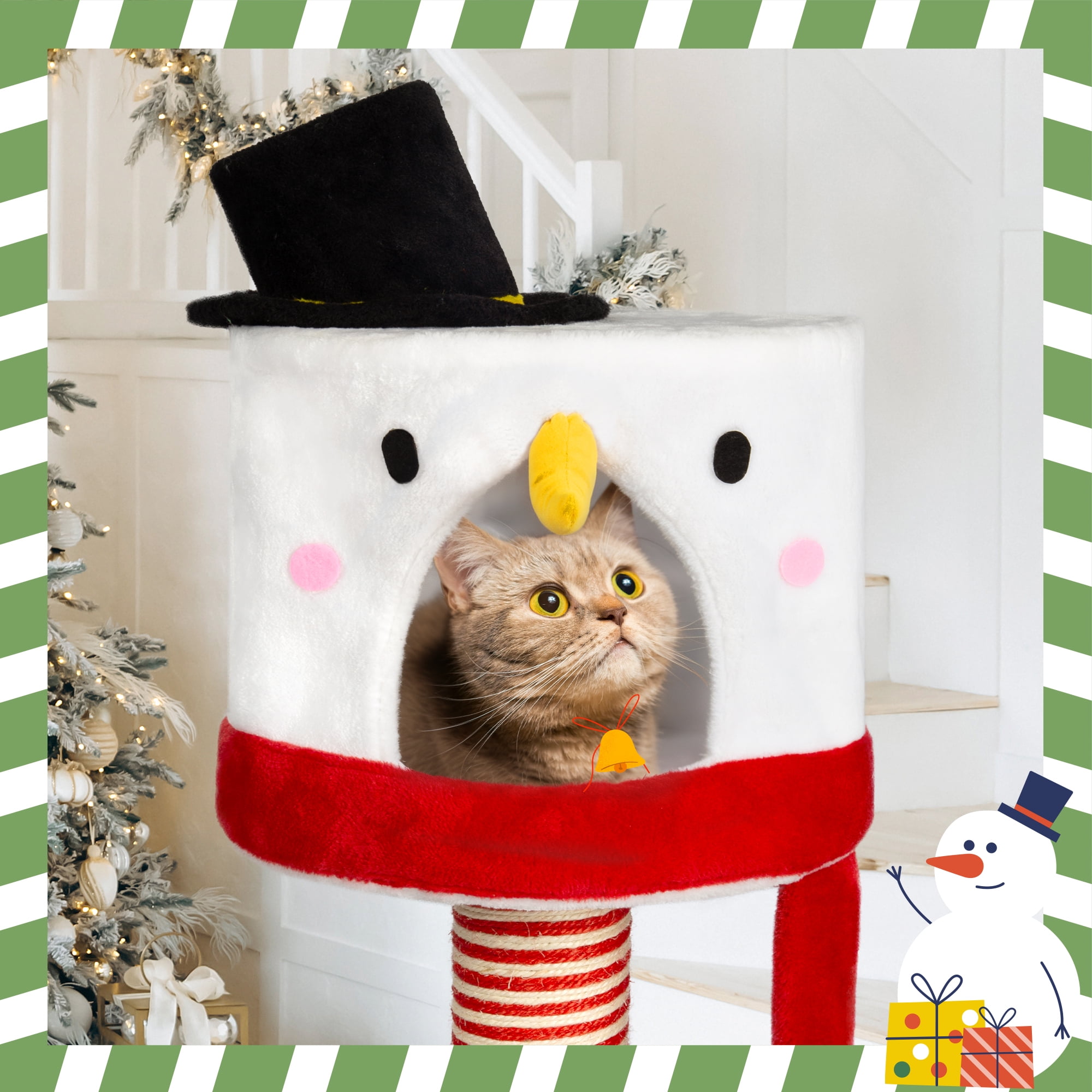 LHBCraft Christmas Cat Tree, 35" Multi-Level Cat Tower with Cat Condos, Top Perches, Sisal Ramp Scratching Posts, Cozy Basket, Hammocks, Large Cat Pet Activity Structure
