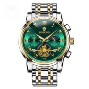 Mens Business Quartz Watch, Blue Dial Gold Tone, Stainless Steel Band, Waterproof Chronograph Wristwatch with Date