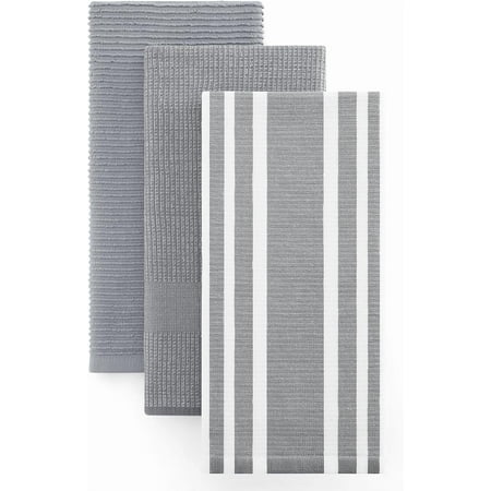 JJEAN-Premium Kitchen Towels(18201dx 28201d 3 Pack) Large Cotton 380 GSM Kitchen Hand Towels Soft and Absorbent Terry Dish Towels Multipurpose Tea Towel Set with Hanging Loop Grey