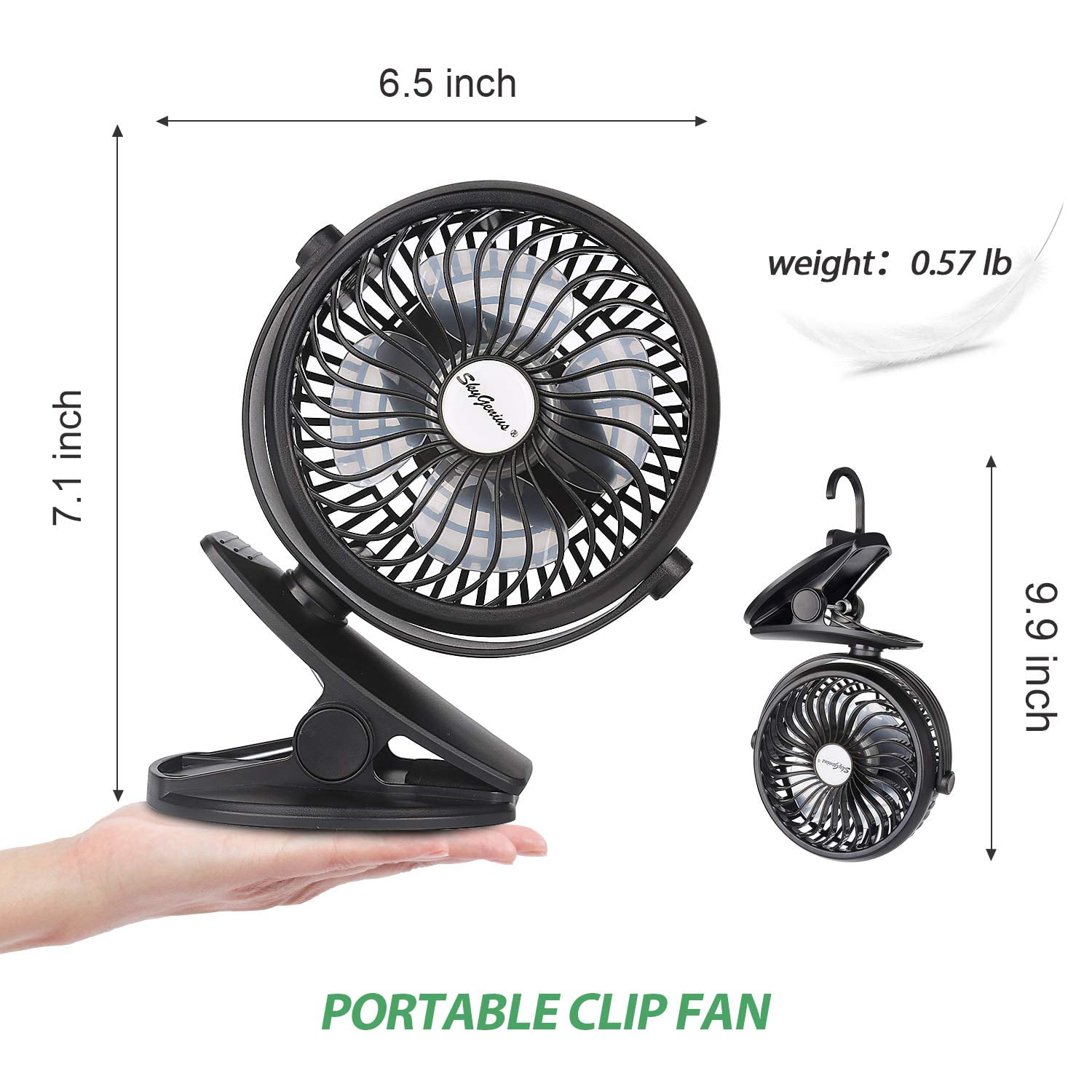SkyGenius Portable Clip on Fan Battery Operated Fan with Hanging Hook Rechargeable Stroller Fan, Black
