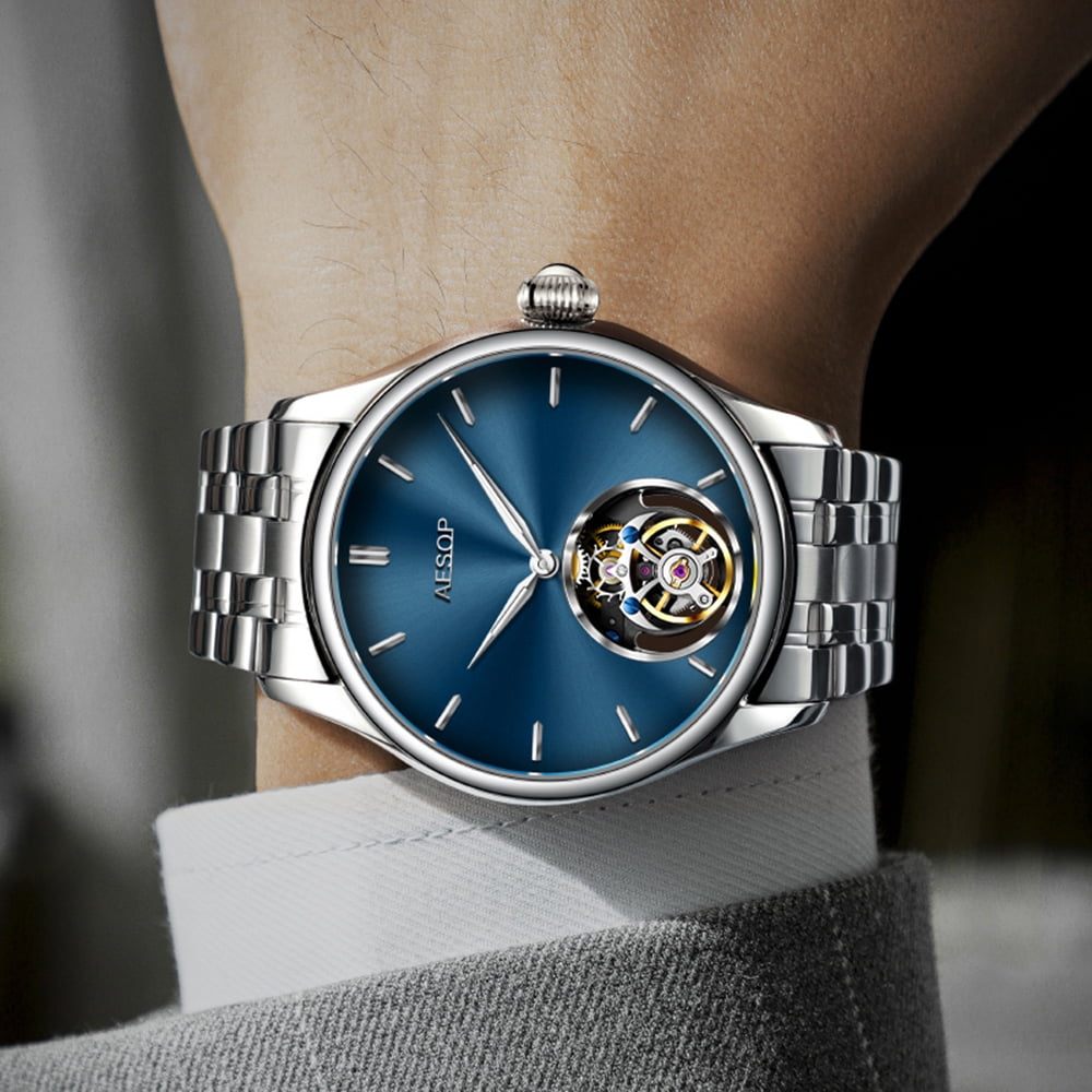 2025 AESOP 100% Tourbillon Mechanical Watch For Men Silver Steel Belt BUSINESS Fashion Mens Watches Manual Mechanical Waterproof