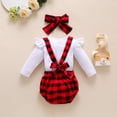 thumbnail image 2 of Babibeauty Infant Baby Girl Christmas Outfits Ruffle Long Sleeve Romper+Plaid Suspender Pants+Headband 3pcs Clothes Set, 2 of 7