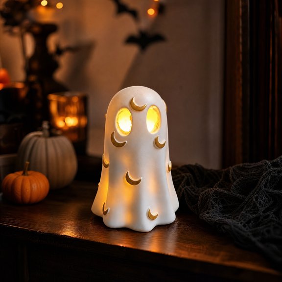 Halloween Ghost Decor 4 Inch Ghost Night Light Spooky Cute Home Decor Light Up Halloween Decorations for Home Tabletop Mantel Display White and Gold Style, 1 Pack