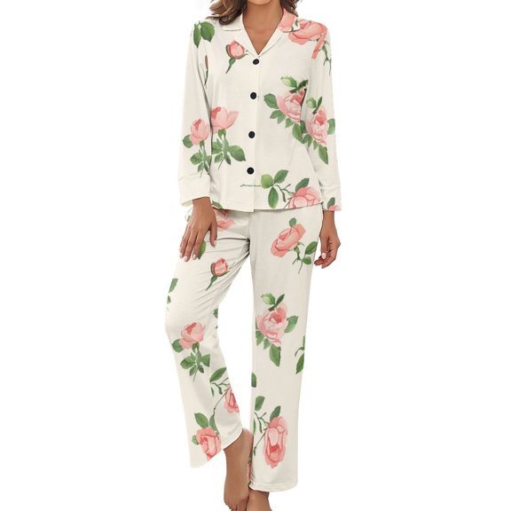 PoBuds Women's Long Sleeve Flannel Pajama Set Sleepwear Rose Pattern XL