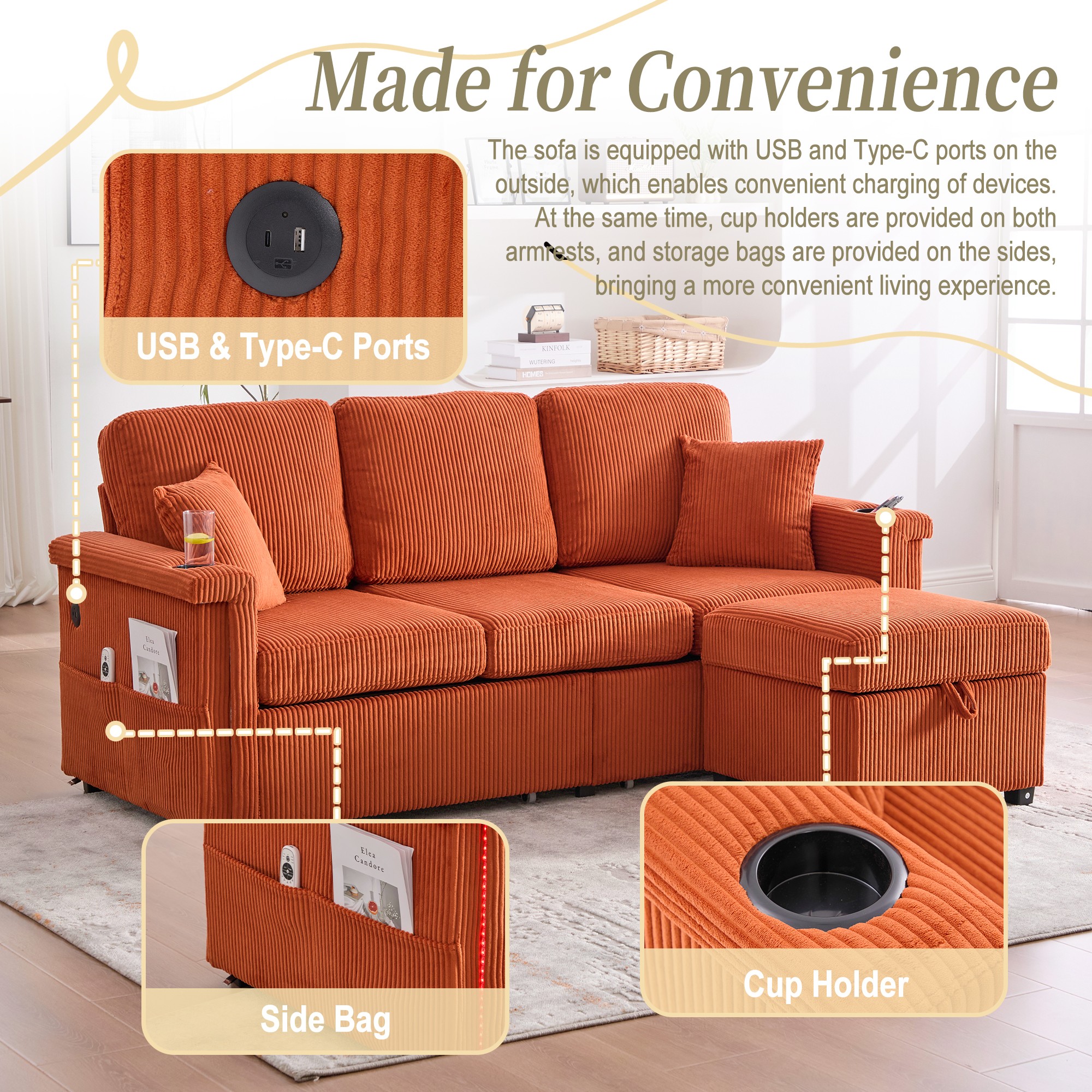 L-Shaped Sectional Sofa,Corduroy Convertible 3-Seat Sofa Couch with Pull-Out Storage,Ottoman for Living Room,Apartment,Orange