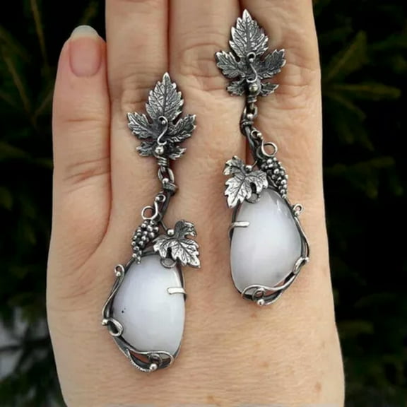 K-KED Vintage Opal Earrings Silver Leaf Plant Moonstone Earrings Party Delicate Jewelry Gifts-Silver