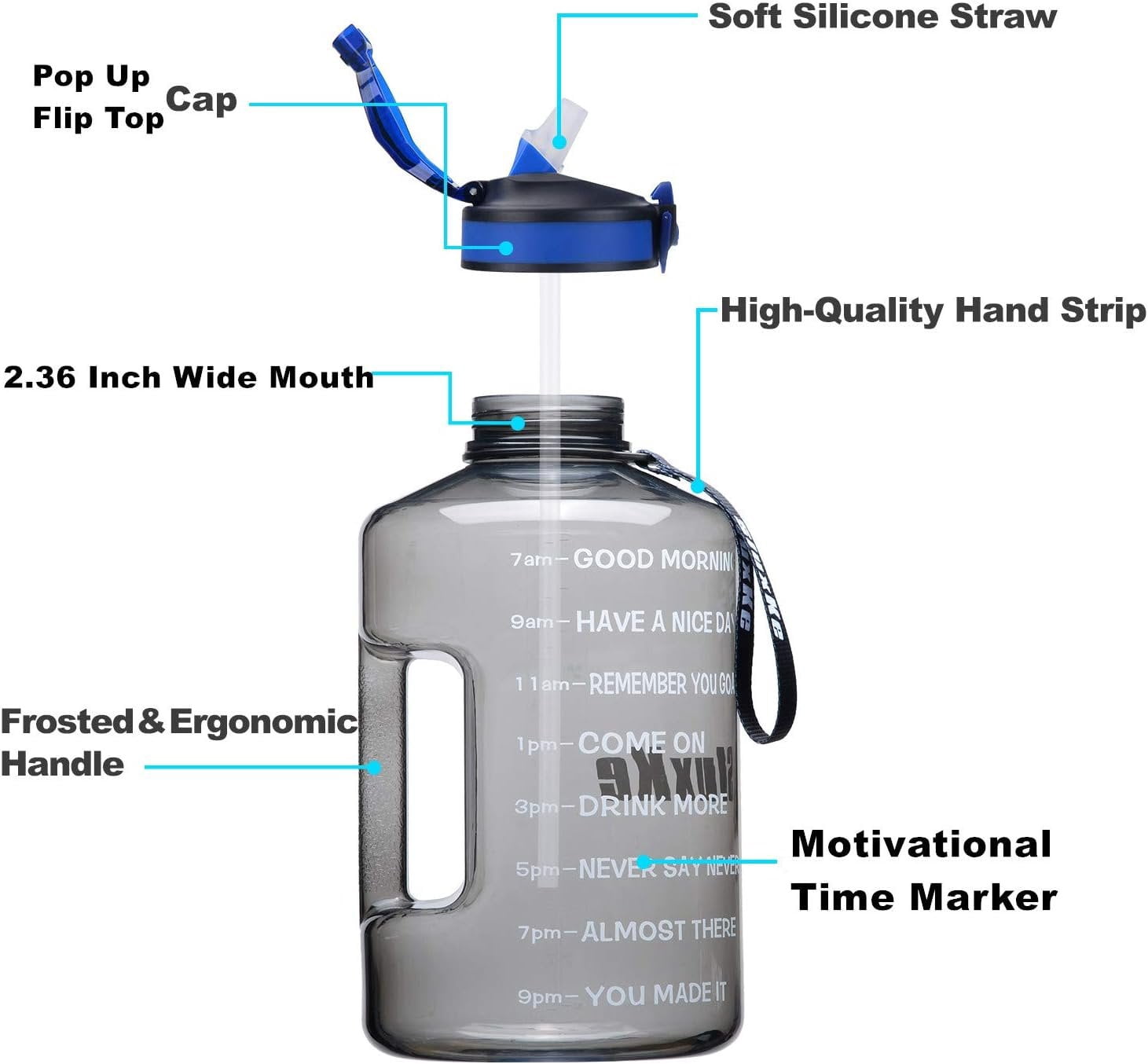 1 Gallon Motivational  Water Bottle with Time Marker,  128oz Leak Proof Jug, Black, Plastic, 128 ounces, Fitness, , Outdoor Activities