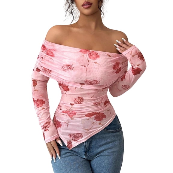 CLOISE Womens Blouses Casual V Neck Shirt Graphic Long Sleeve Pullover Elegant Fall Winter Clothes Pink S