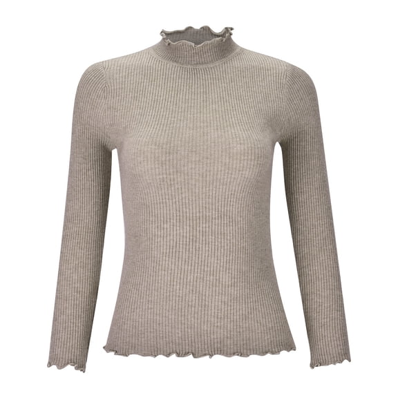 TGPMGRZ Women's Sweaters Ruffle Turtleneck Long Sleeve Shirts Ribbed Knit Lightweight Pullover Thermal Tops, #03 Khaki One Size