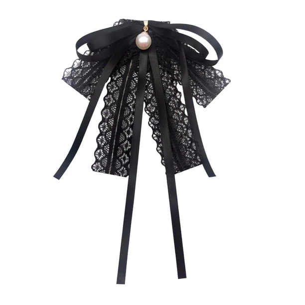 Cinta de encaje pajarita Broche colgante Clip negro hebilla perla Bowknot broche Pin para fiesta uniforme blusa camisa