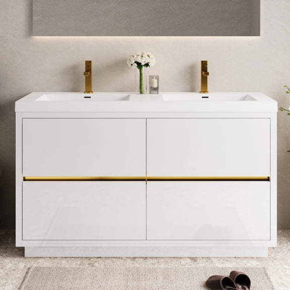 60" Bathroom Vanity With Sink, Stone Resin Countertop, Soft Close, Glossy White, Sophisticated Appeal Freestanding Vanity, Eye-catching Design
