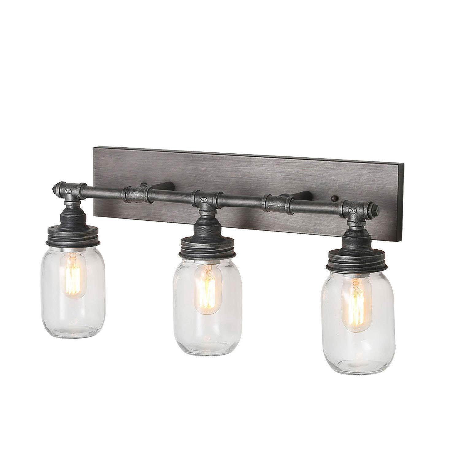 LNC 3-Light Brushed Gray Farmhouse Bathroom Vanity Light with Mason Jar Glass