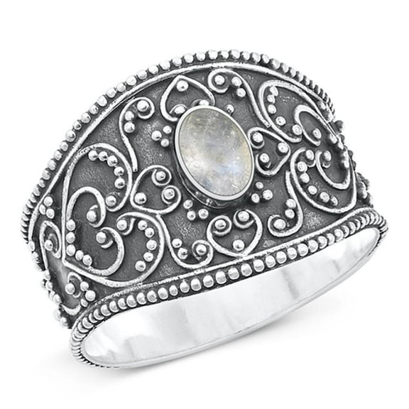 CHOOSE YOUR COLOR Bali Moonstone Ring .925 Sterling Silver Oxidized Band White CZ Female Size 10