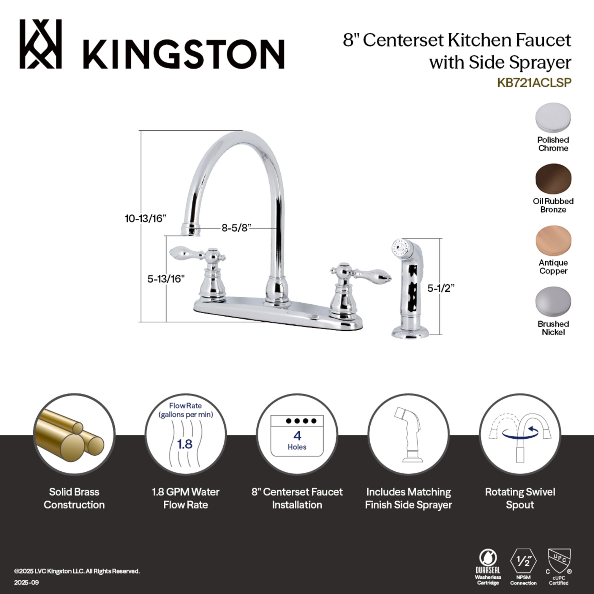 Kingston KB721ACLSP American Classic Two-Handle 4-Hole 8" Centerset Kitchen Faucet with Side Sprayer in Polished Chrome
