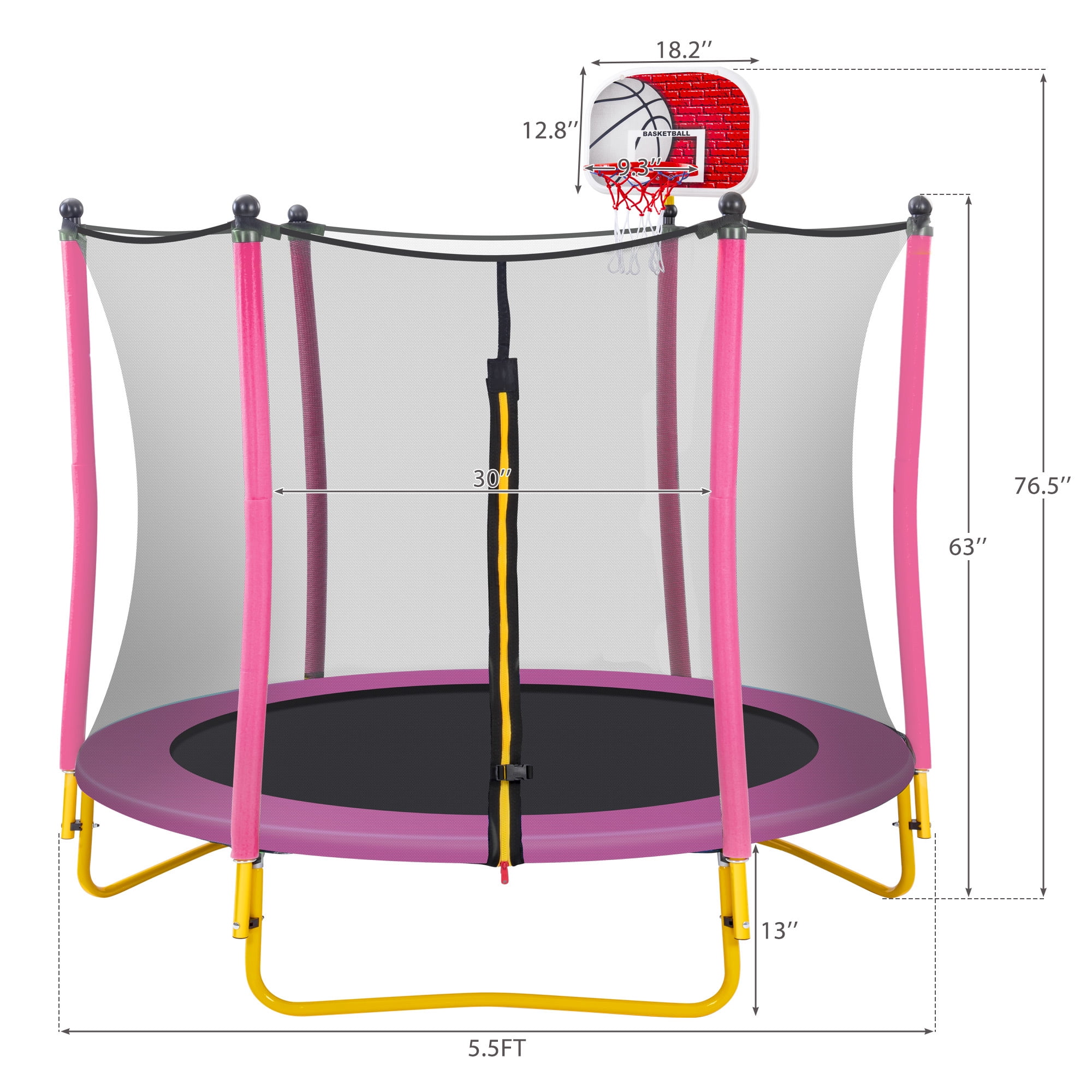 Trampoline for Kids, 65" Toddler Mini Trampoline with Enclosure Net, 5.5FT Indoor/Outdoor Kids Trampoline with Basketball Hoop/Basketball for Boys Girls Age 1-8, Pink